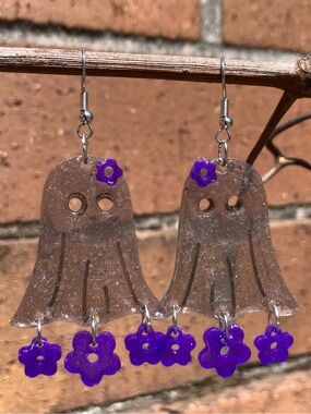 Ghost Earrings with Purple Floral Accents